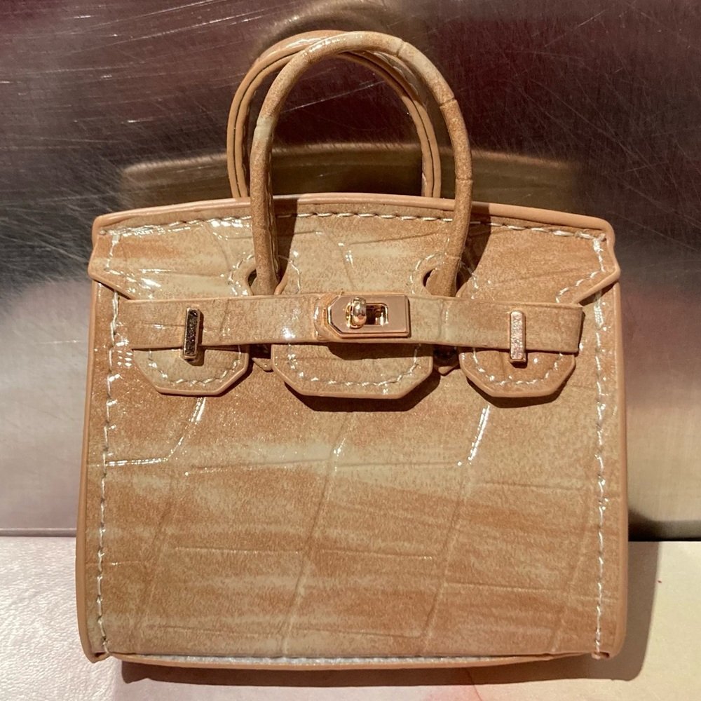 🐊👜 Handmade Mini Brown Crocodile Pattern Birkin AirPods Tote Bag Charm Miniature
